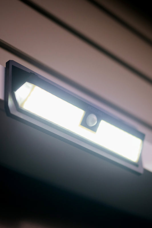 Motion Sensor Solar Security Floodlight mounted above a garage door