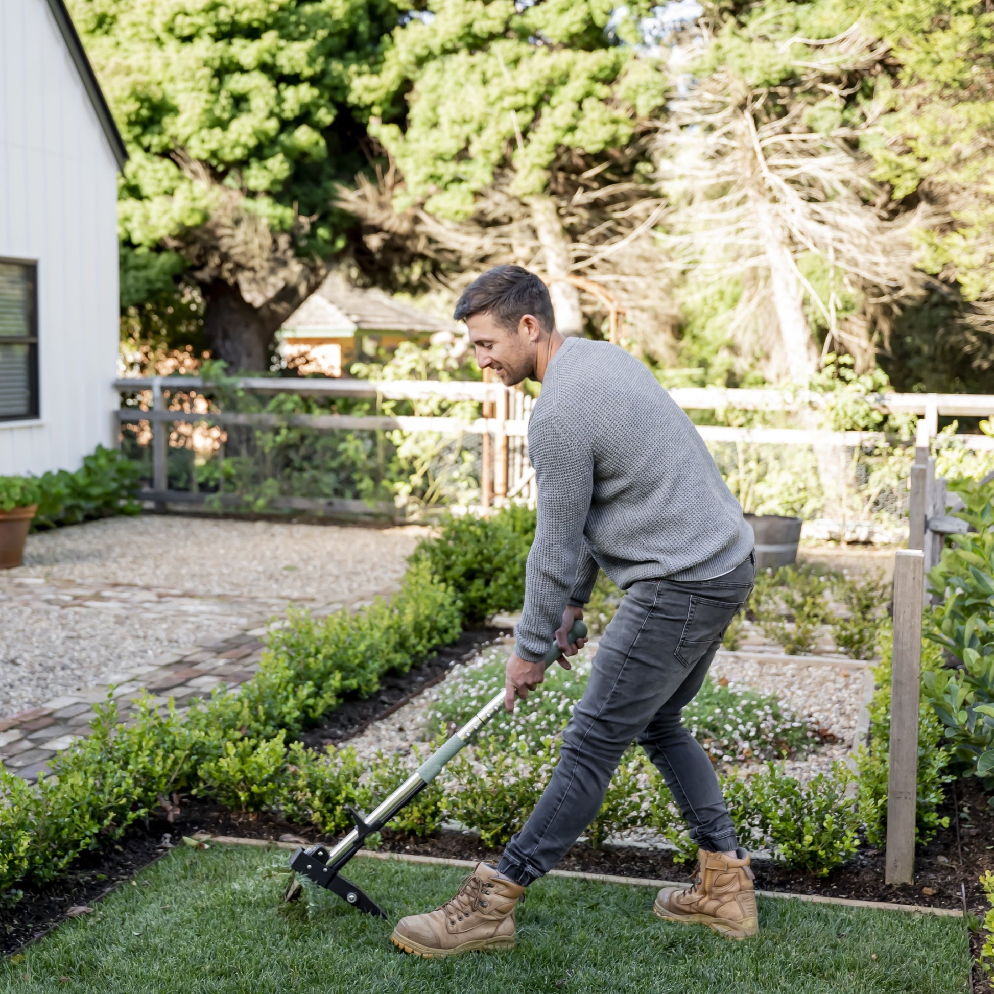 Man removing a weed from a lawn in a backyard with a stand-up weed puller