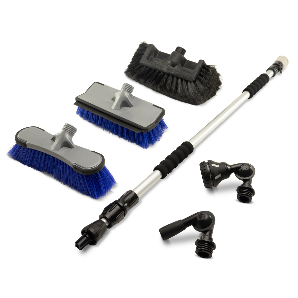 A Telescopic Cleaning System multi-tool brush attachment set on a white background, featuring a long silver and black extendable pole with three brush heads (two blue bristles, one black bristles), and two black spray nozzle attachments.