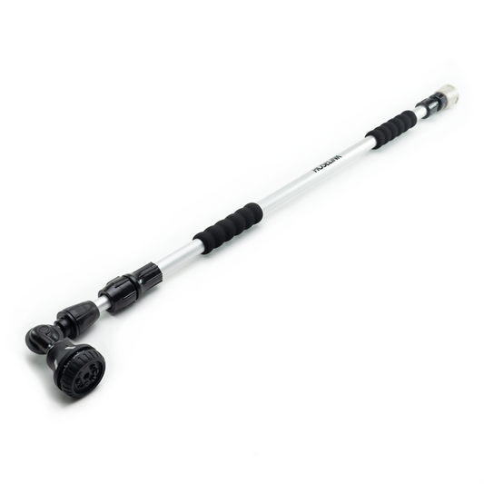 Silver telescopic cleaning system pole with black 8-pattern spray head on a white background