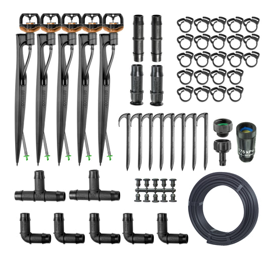 Under Tree Sprinkler Irrigation Kit with various components on a white background