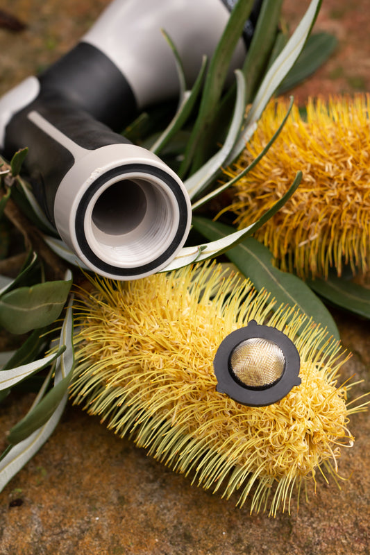 washer with filter resting on Australian flora with sprayer in background