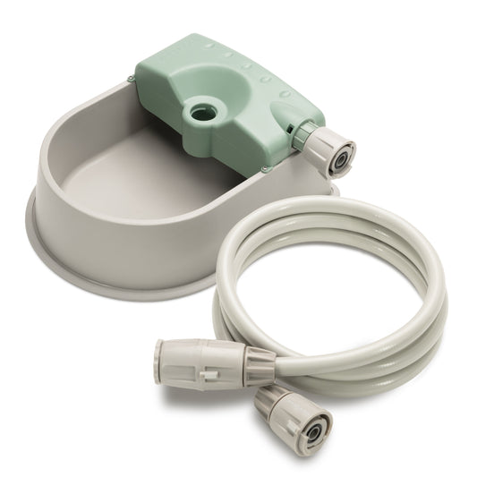 auto-fill pet bowl and leader hose on a white background