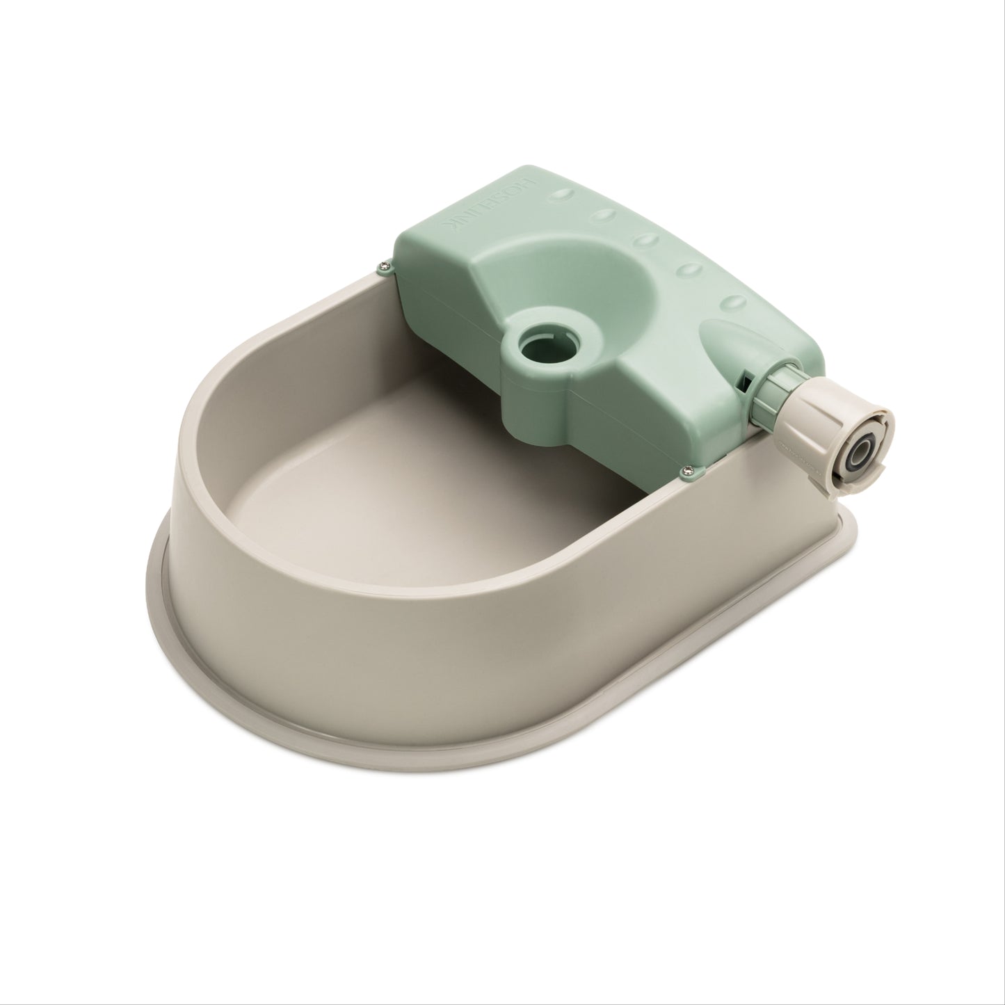 auto fill pet bowl with a light green top and beige base on a white background