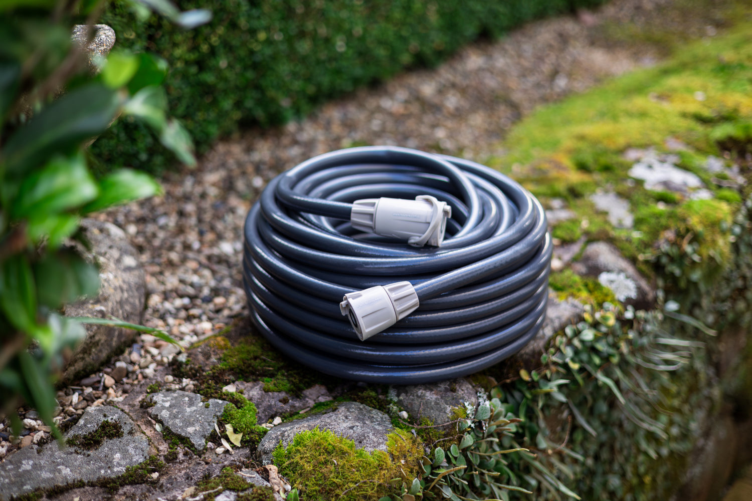 Coiled charcoal garden hose on a stone wall with greenery