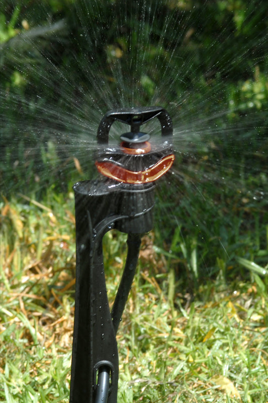Under tree sprinkler spike watering green lawn