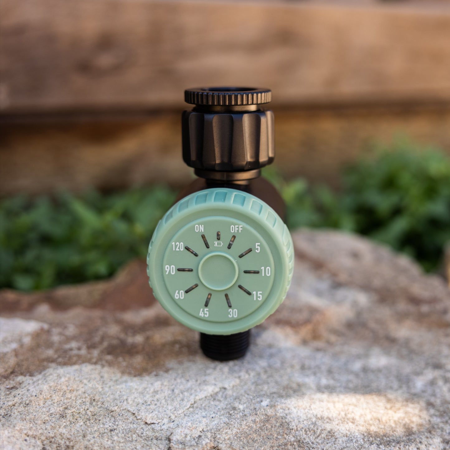 Sage green coloured one-touch-timer sitting on a rock