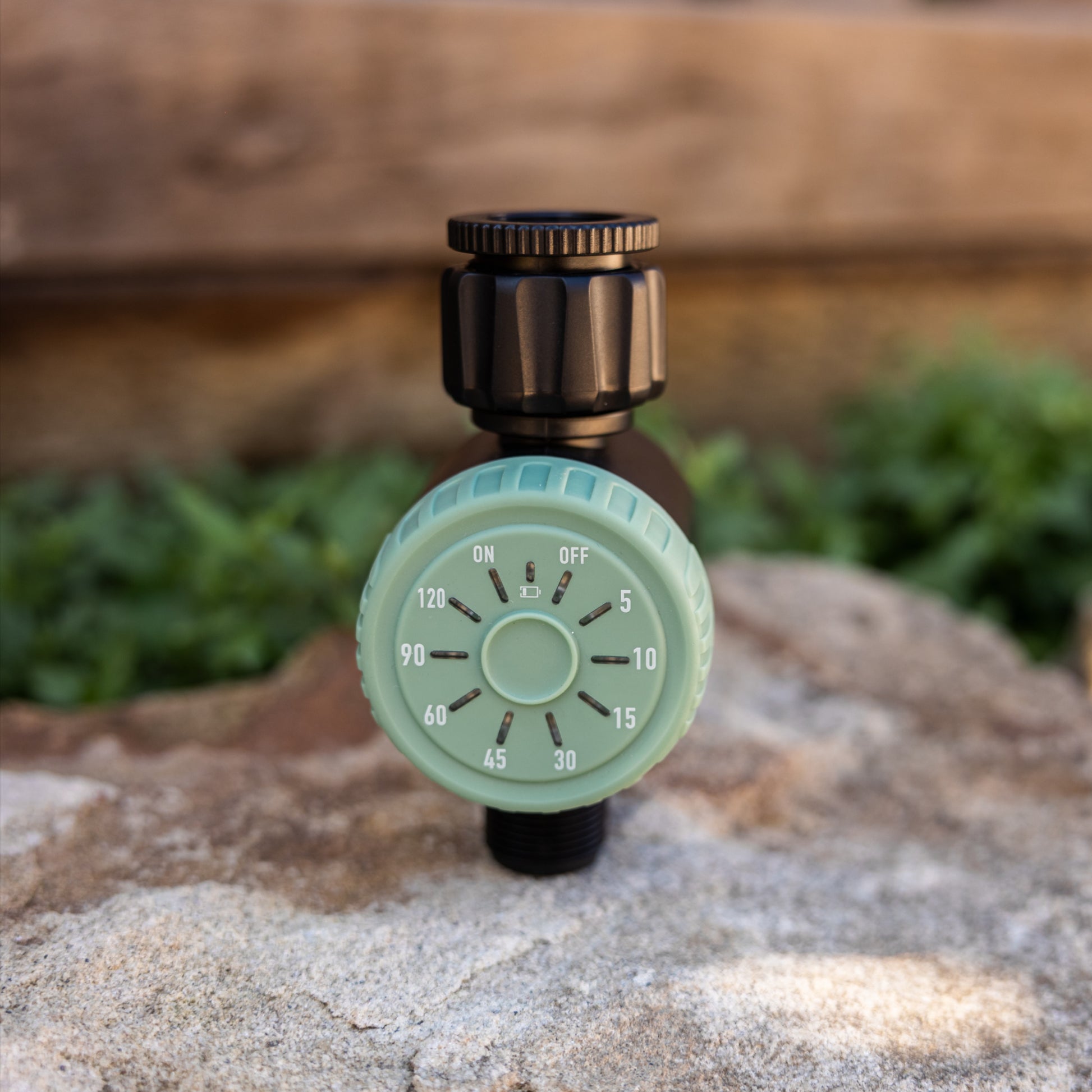 Sage green coloured one-touch-timer sitting on a rock