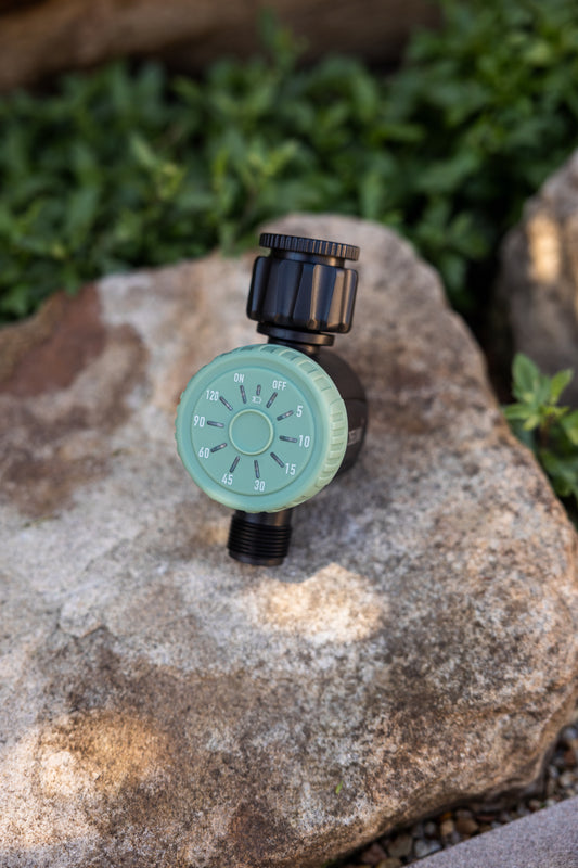 Sage green coloured one-touch-timer sitting on a rock