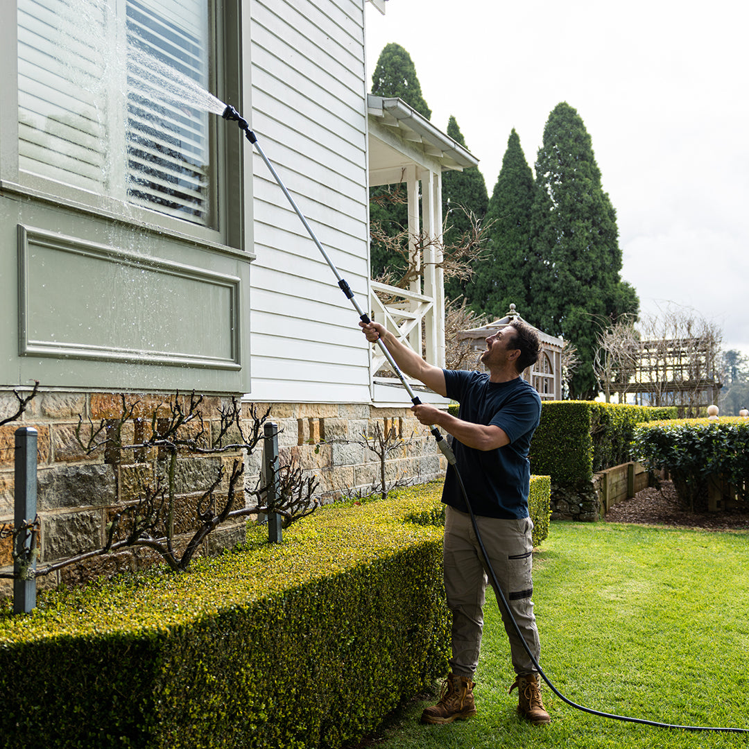 Video showing Ben Haymen using the telescopic cleaning system. Swaping out a soft brush head for a gutter cleaner head and using is multiple locations. Gutters, windows and the car