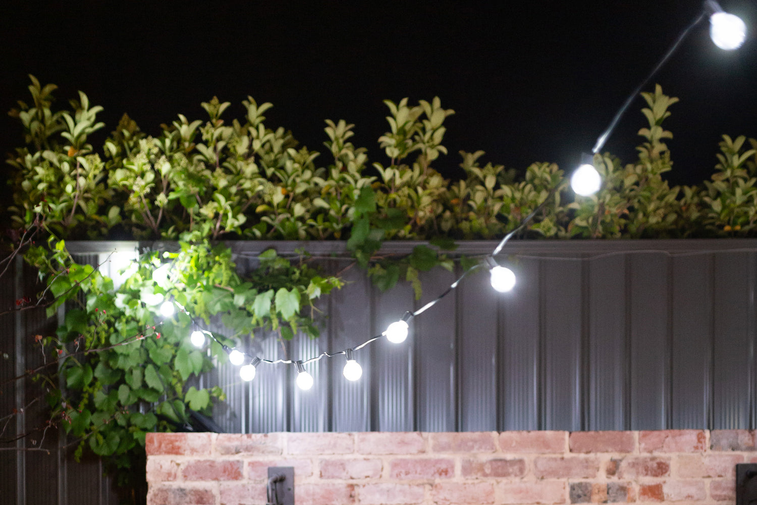 Cool white solar festoon lights hung around barbecue area