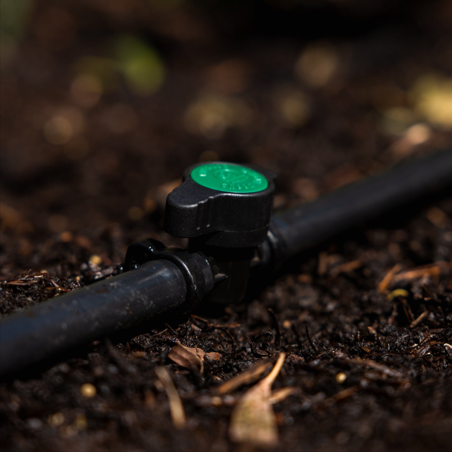 Close-up of a black irrigation pipe with a green valve on soil