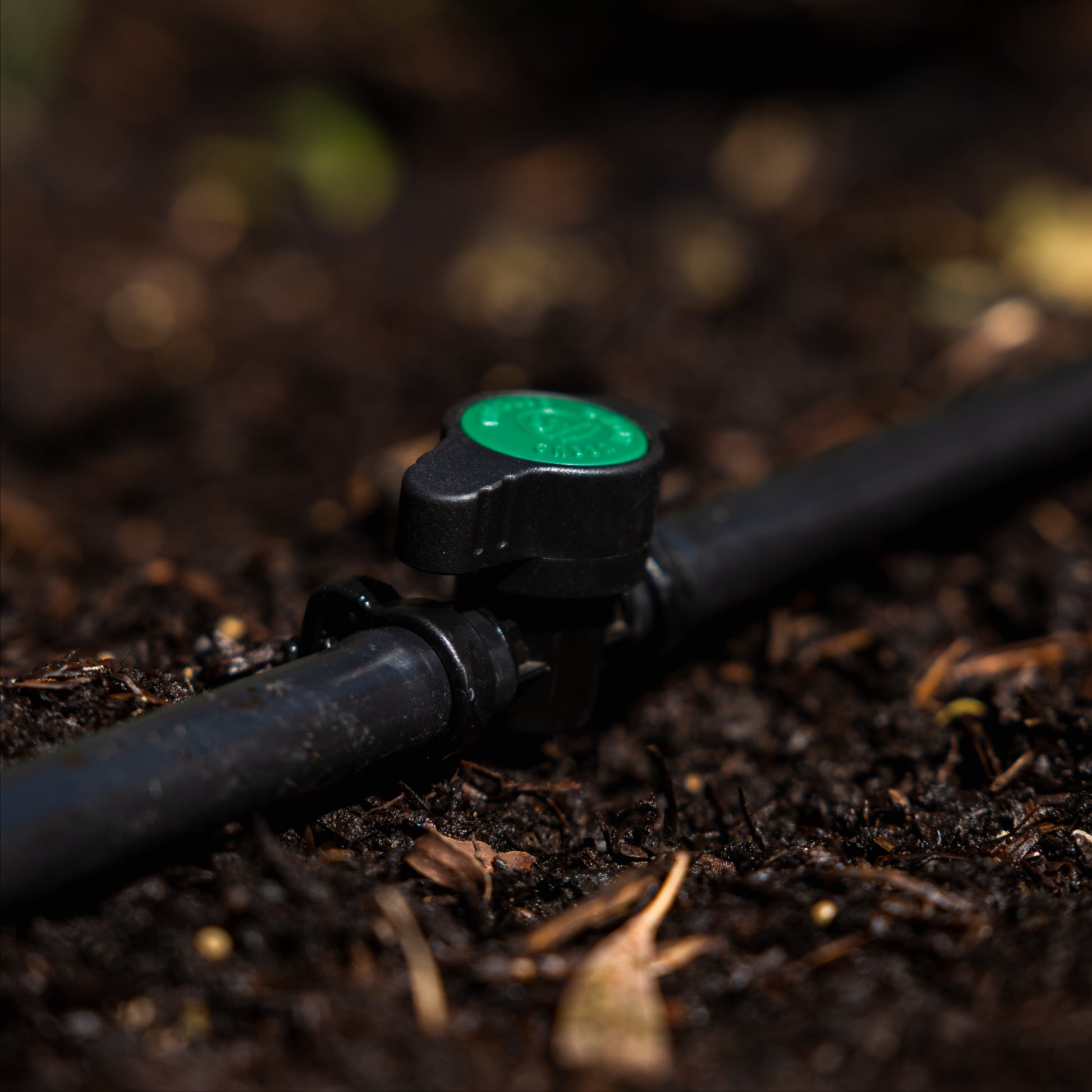 Close-up of a black irrigation pipe with a green valve on soil