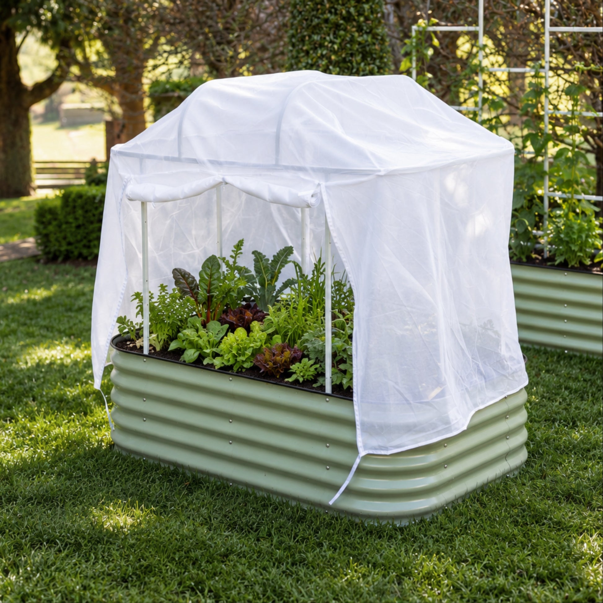 mesh cover on 6 in 1  garden bed and frame, on grass