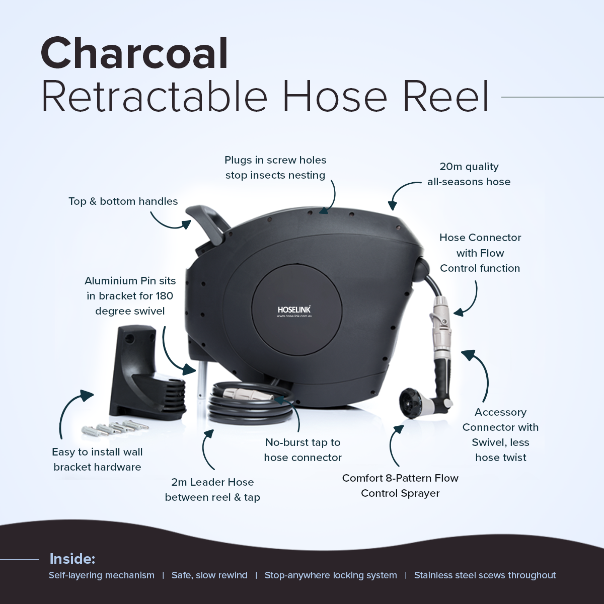 Hoselink 20m Retractable Hose Reel - Charcoal