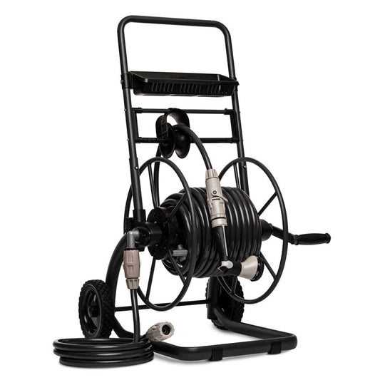 Charcoal coloured metal hose reel cart with 30m hose and spray gun