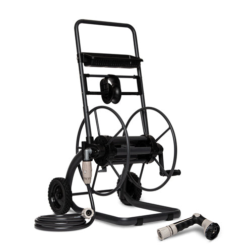 Charcoal coloured metal hose reel cart with hose fittings and spray gun