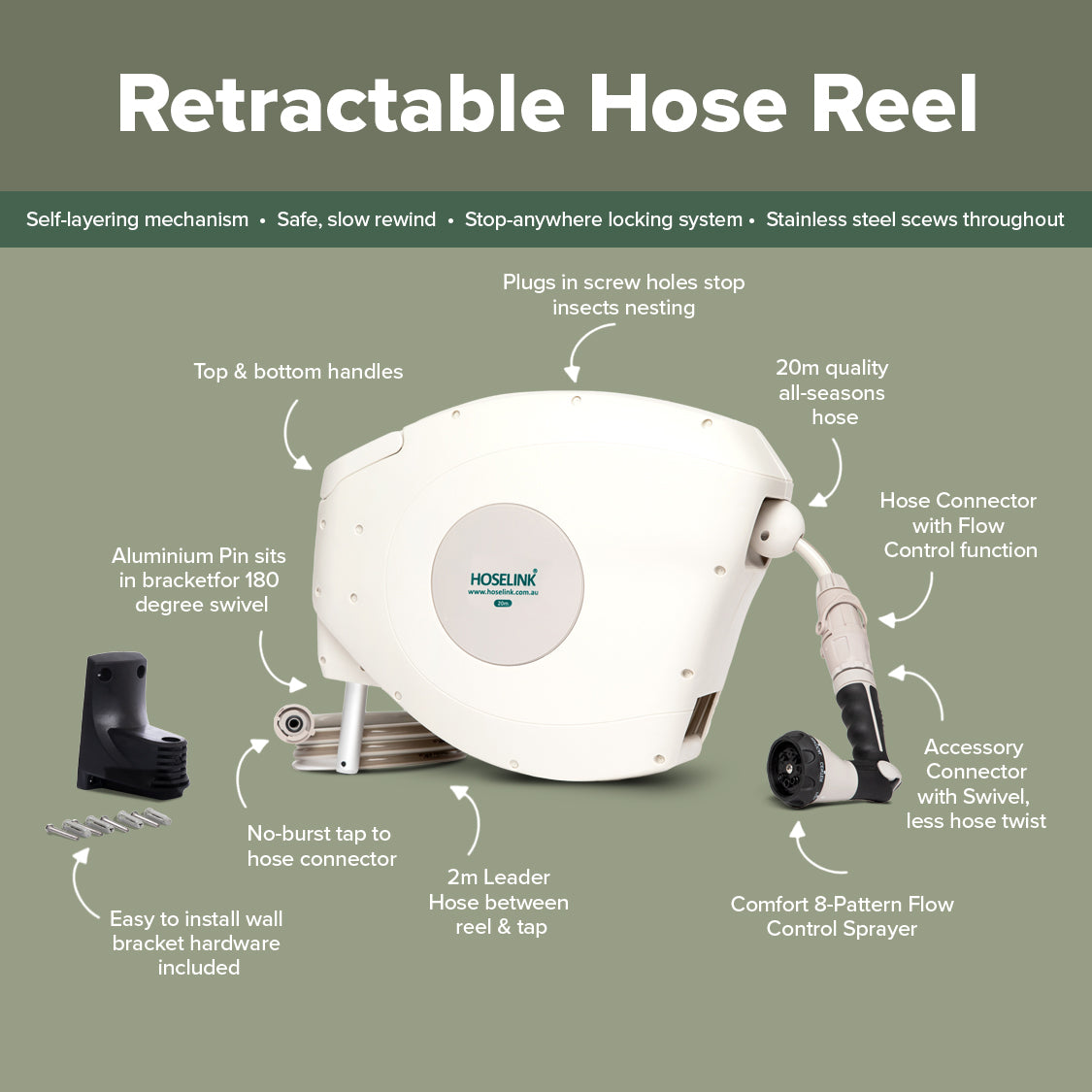 Hoselink 20m Retractable Garden Hose Reel - Beige